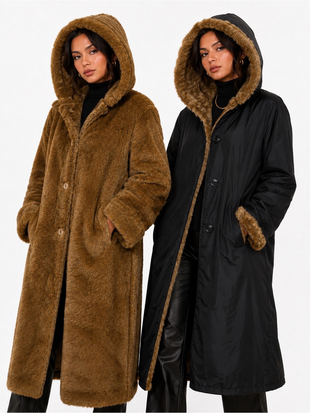 Vintage 90s Reversible Faux Fur Long Coat Hooded Mob Wife Quite Luxury Heritage